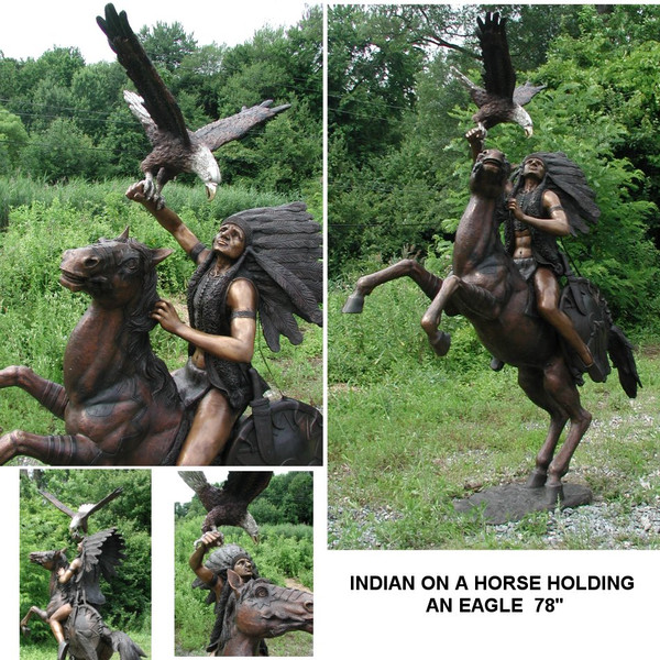 Indian On Horse Holding An Eagle Bronze Sculpture